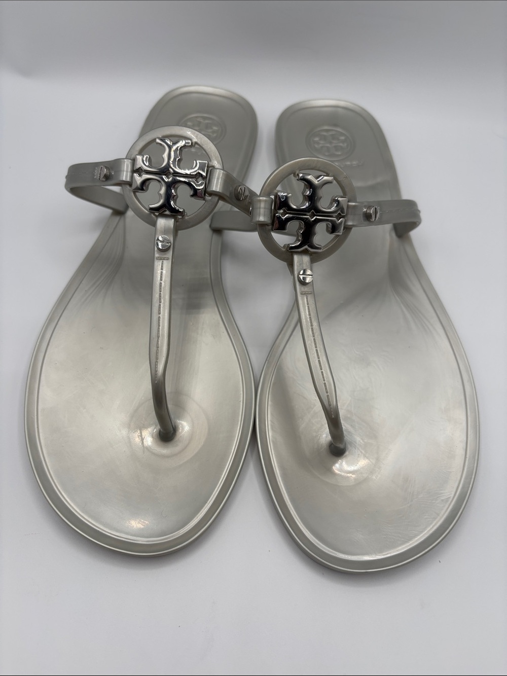 Tory Burch Metallic Silver Logo Jelly Thong Sandals